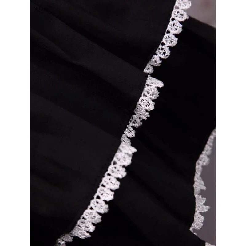 Mittellanges Kleid Frauen Baumwolle schwarz schlaflose Spitze klassische A-Linie Lolita Kleid mit weißen Spitzen/Schleife lässig Blase Lolita Kleid