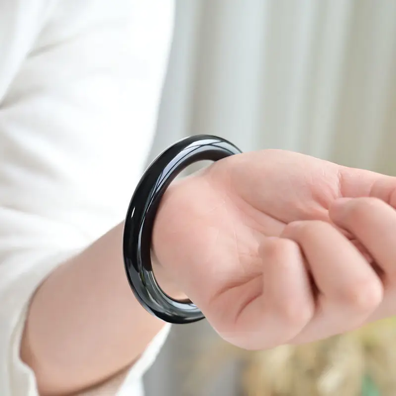 

Natural Black Agate Bracelet Girlfriend Fat Round Bar
