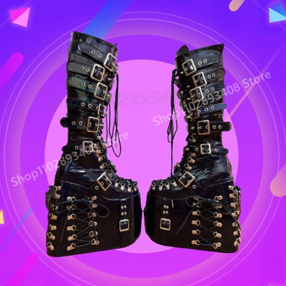 Punk Style Sexy Cool Mid Calf Boots New Wedges High Heel Thickness Rivets Decor Lace-up Shoes Autumn 2025 Hot Girls Para Mujere