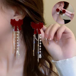 1Pair Wine Red Pearl Rose Flower Earrings Retro Wedding Ear Studs Chinese New Year Jewelry Earring