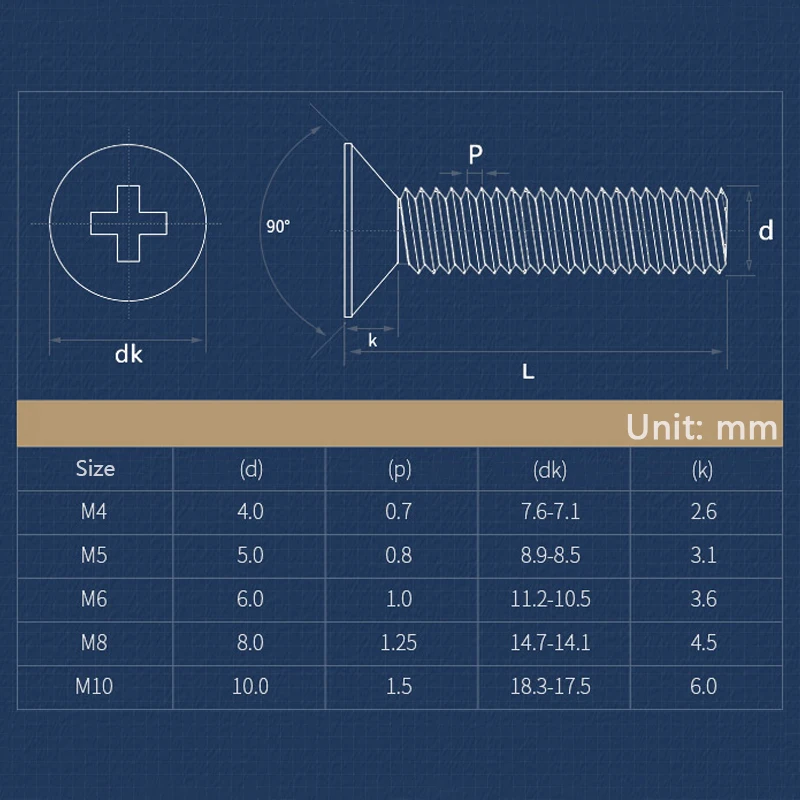 M4 M5 M6 M8 M10 Sekrup Kepala Countersunk Datar Phillips 2 ~ 50 Buah 304 Baut Kepala Countersunk Datar Silang Baja Tahan Karat Panjang: 4-5Mm
