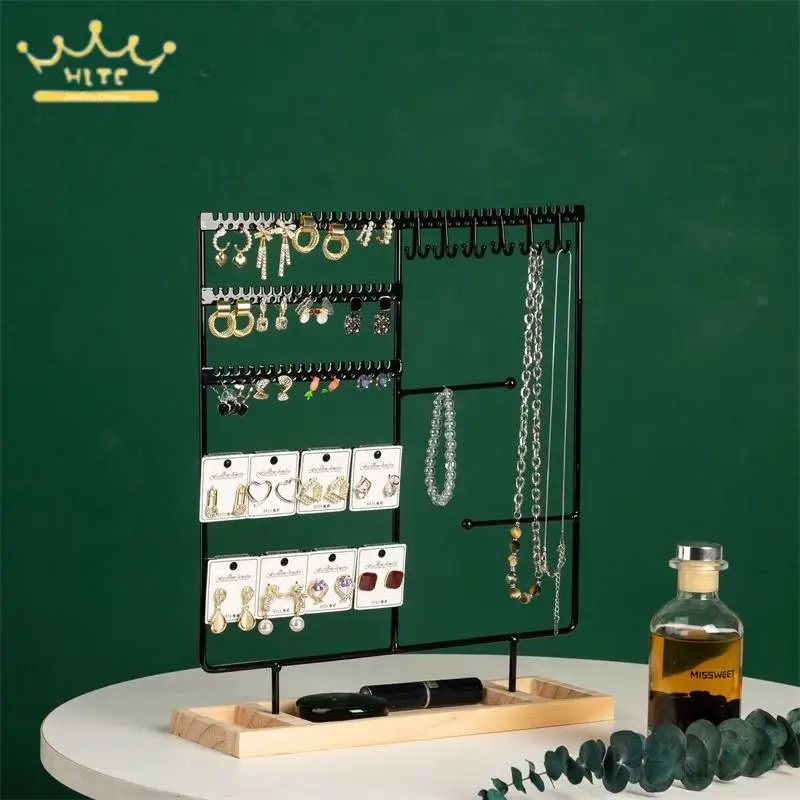 Large Capacity Metal Earring Bracelet Display Stand Detachable Wooden Base Earring Necklace Storage Hanger Jewelry Rack