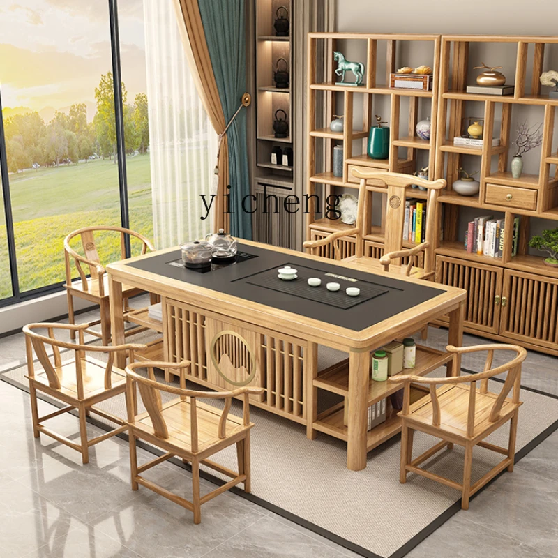 

ZC New Chinese Style Table-Chair Set Solid Wood Office Home Kung Fu Tea Brewing Tea Tables Fully Automatic Integrated Log