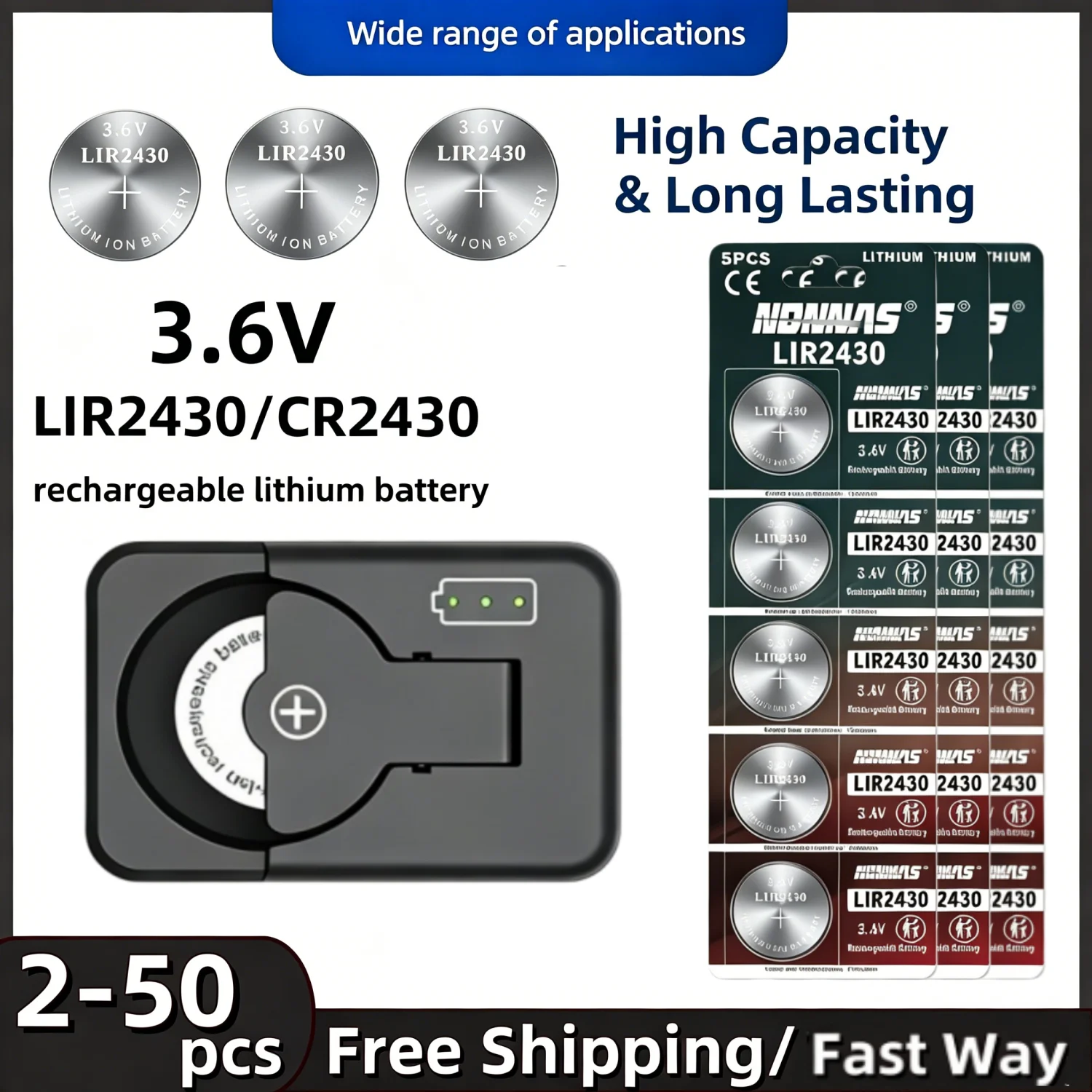 

LIR2430 3.6V Lithium Rechargeable Batteries Button 2430 Coin Cells Replace CR2430 PD2430 Battery for Car Key Remote Watch Clock