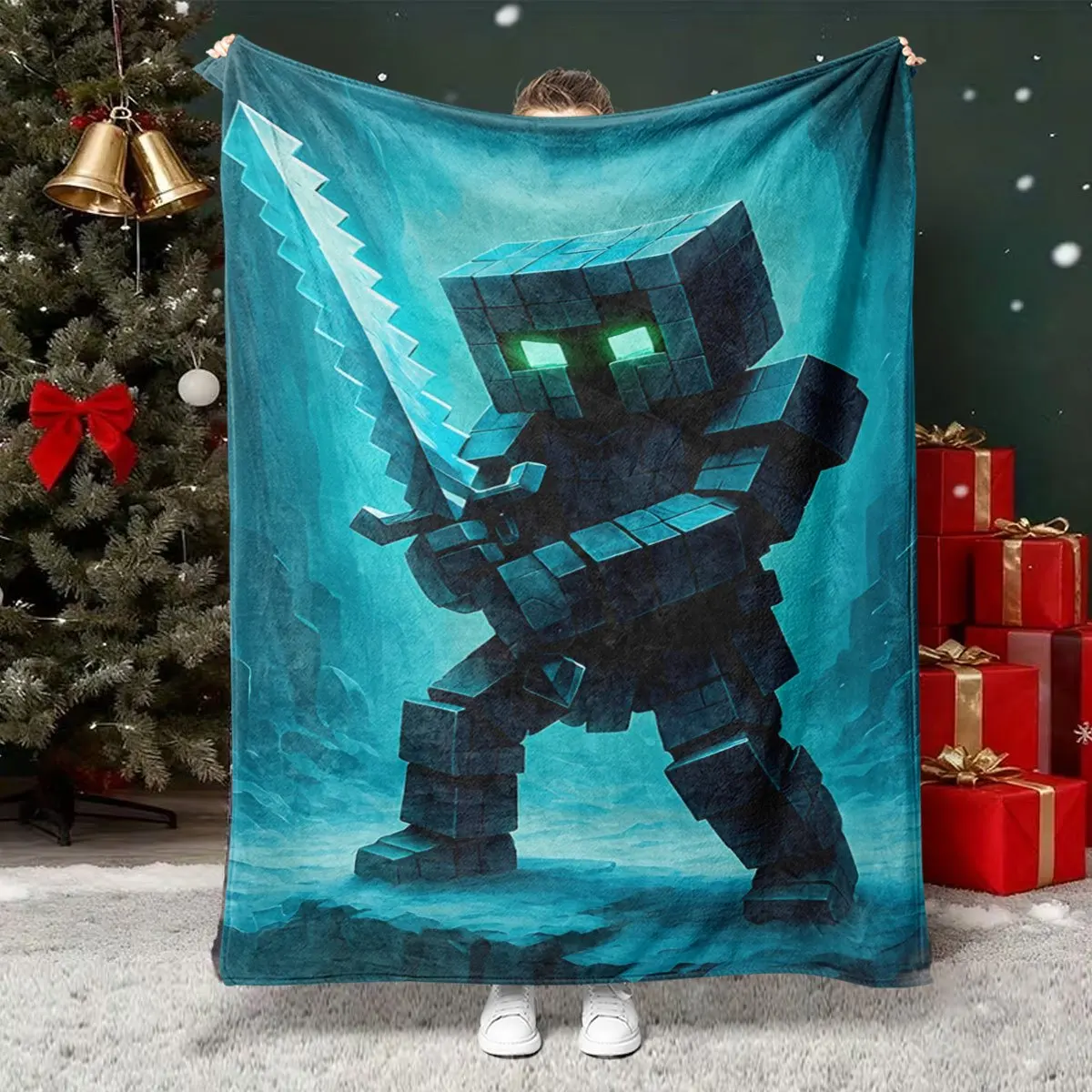 Gamer Blanket Throw Pixel Art Creeper Blue Blue Sky Couch Throw 150x230cm Cozy Gaming Blanket Gift for Him Her
