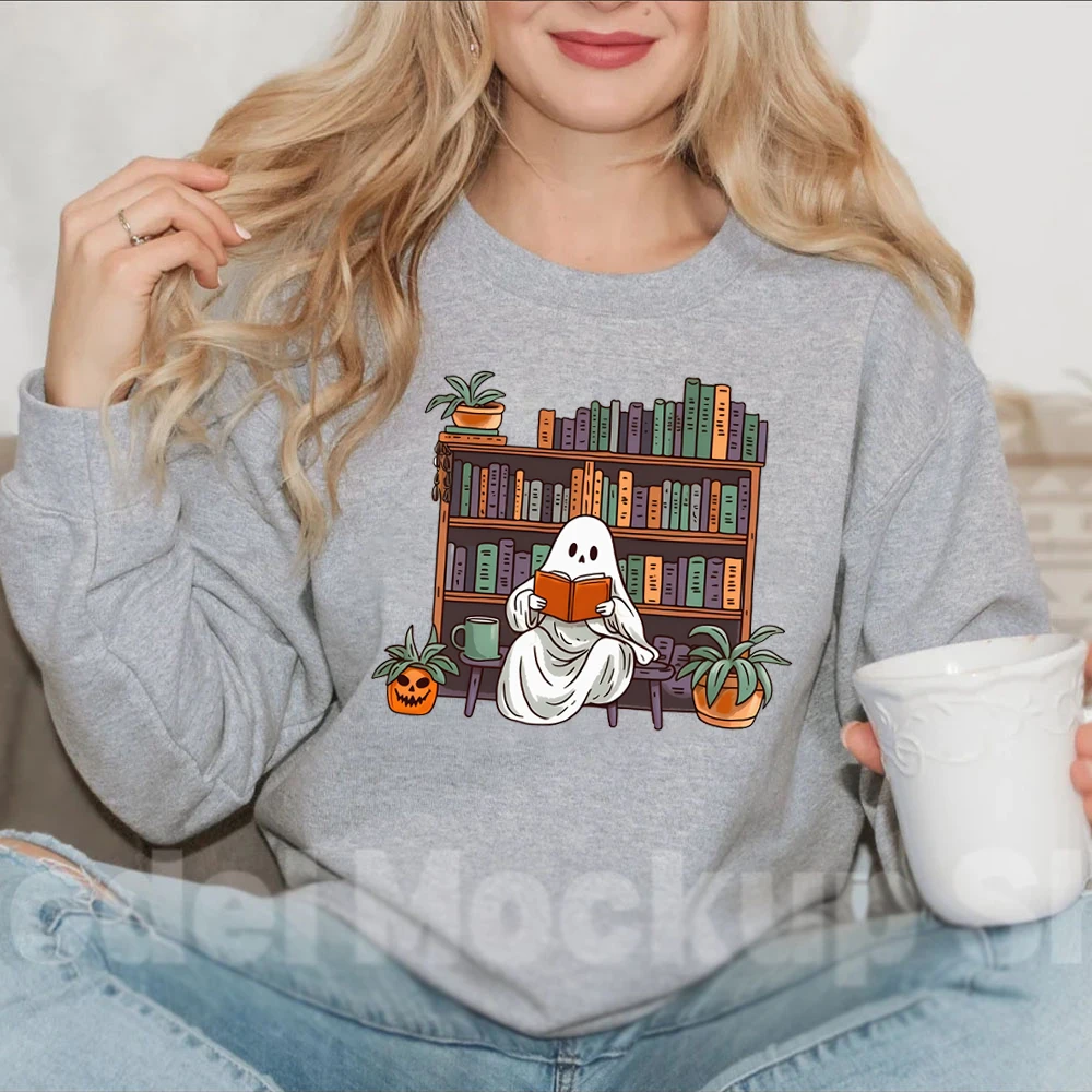 Bookish Ghost Sweater Spooky Library Sweatshirts for Book Lover Reading Hoodies Women's Clothing Pumpkin Crewneck Librarian Gift