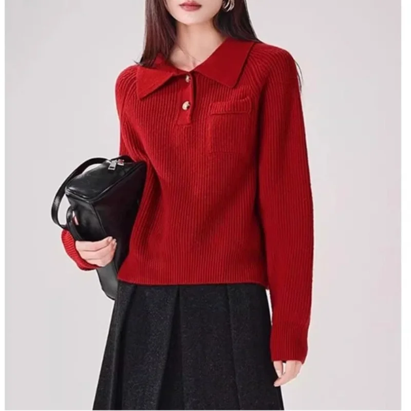 

Red Sweater Women Autumn Winter New Style Stylish Base Shirt Advanced Sense Inner Wear Turn Down Collar Knit Top