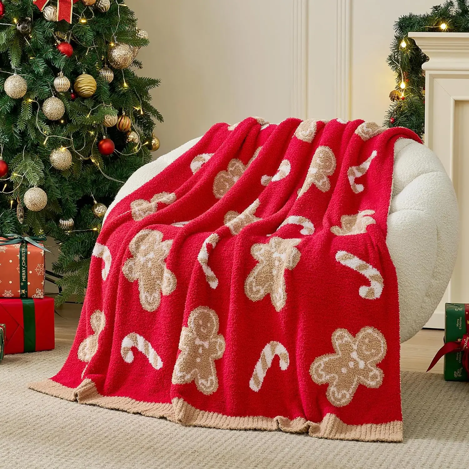 Snuggle Sac Christmas Gingerbread Man Throw Blanket Red Candy Cane Blanket 50x60 inches, Ultra Soft Reversible Cozy Throw Blanket for Couch, Sofa and Bed for Xmas