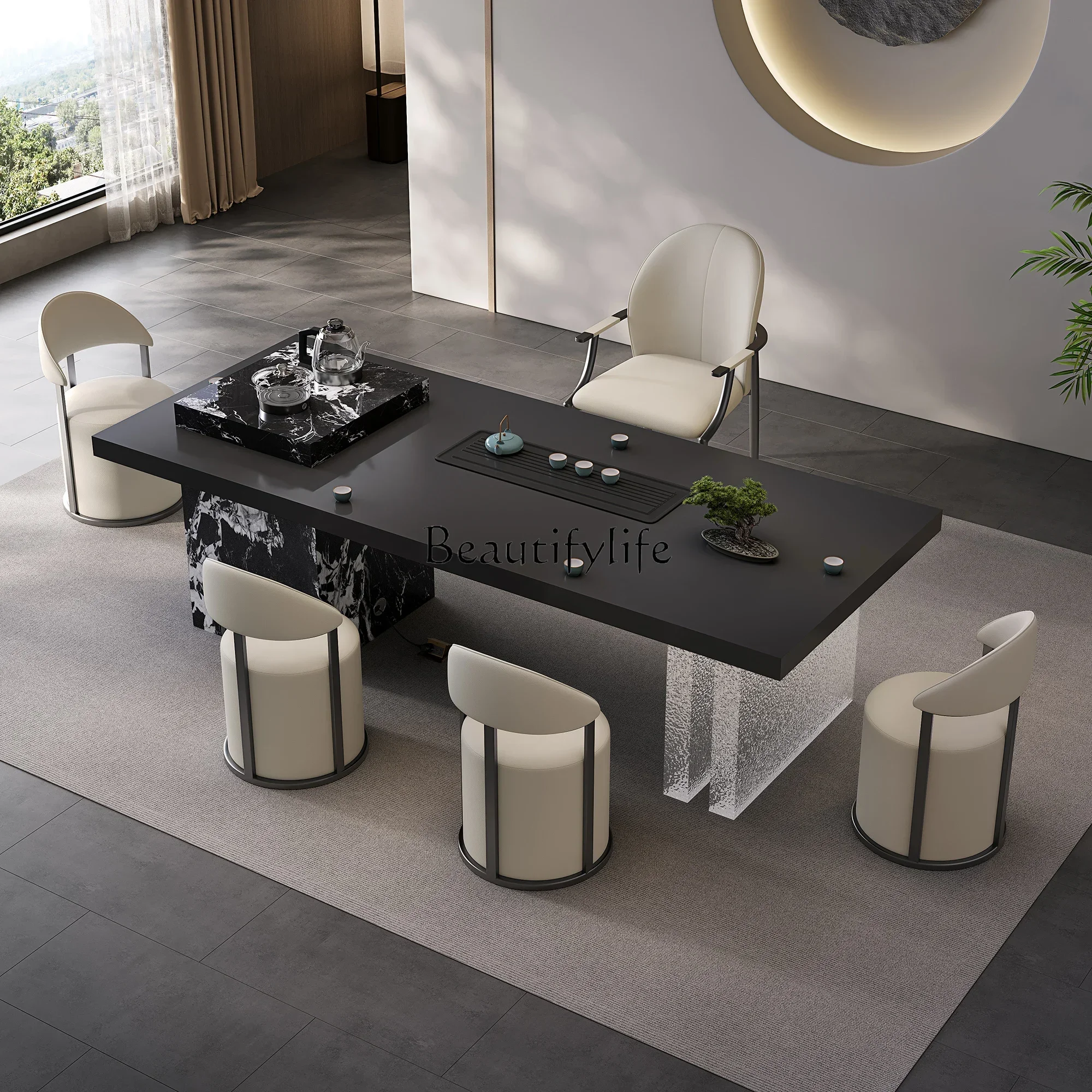 03Итальянский легкий роскошный минималистичный чайный столик из каменной плиты и комбинация стульев, встроенный большой доска, домашний балконный чайный столик