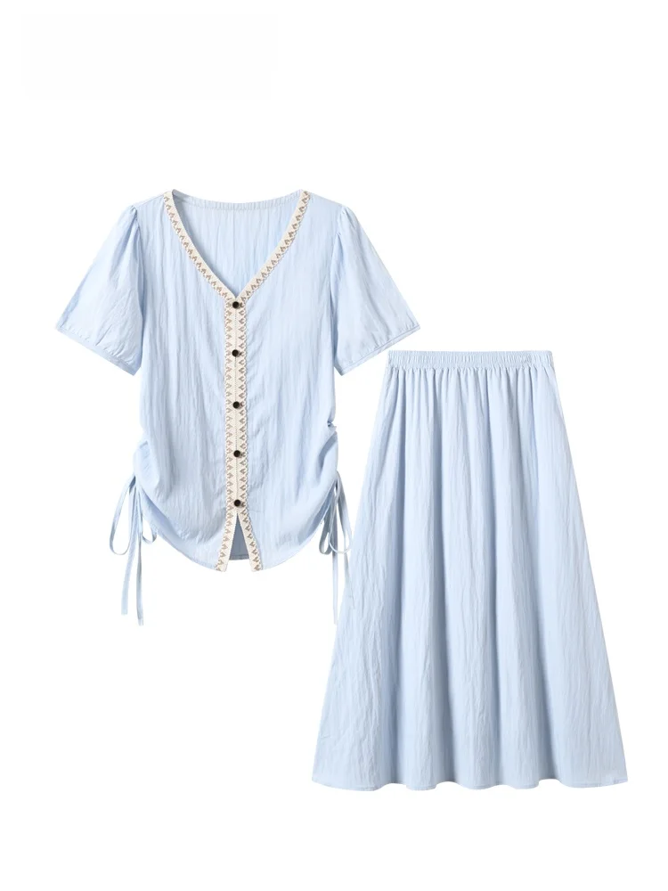 CaraCLUB plus Size College Style Short Sleeve Set Women Summer New Fashion Age Reduction Top Half Skirt High Waist A-Line Skirt