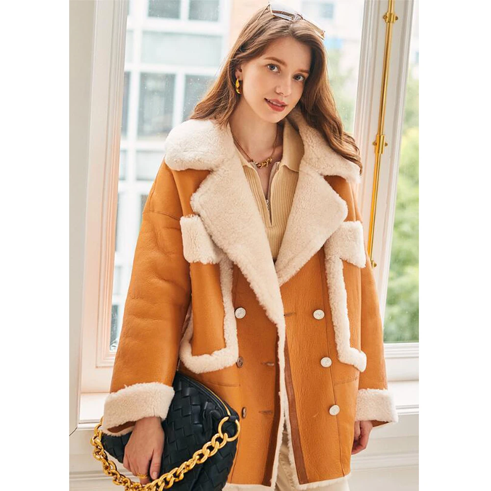 Denny&Dora Womens Shearling Sheepskin Jacket Womens Shearling Aviator Jacket Warmest Winter Coats Casual Coat