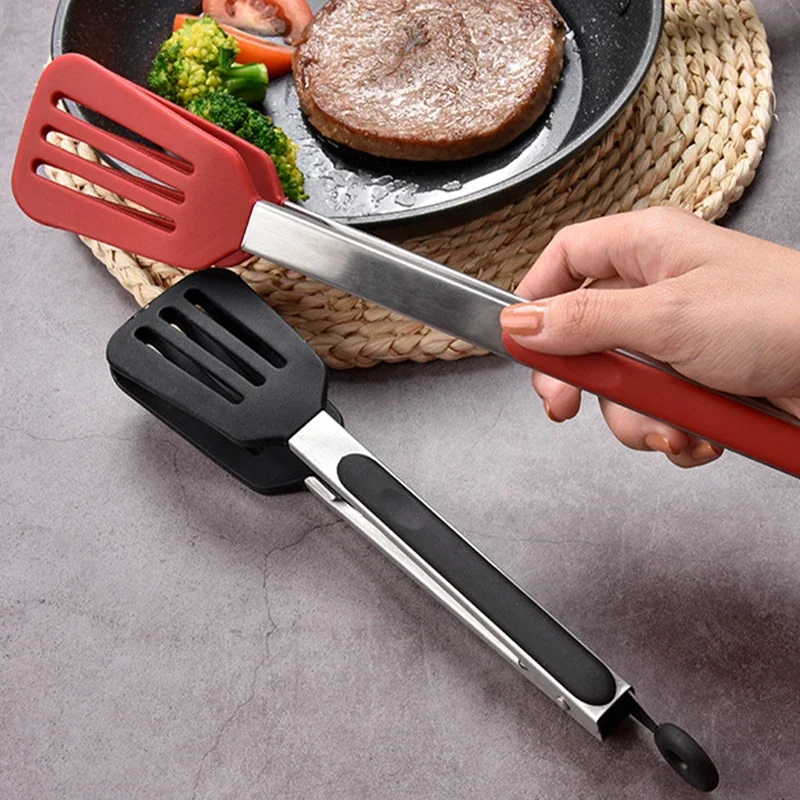 Non-Stick Silicone Cooking Tongs Stainless Steel Food Tongs Non-Slip Bread Steak Clip Salad Pizza BBQ Grill Kitchen Accessories
