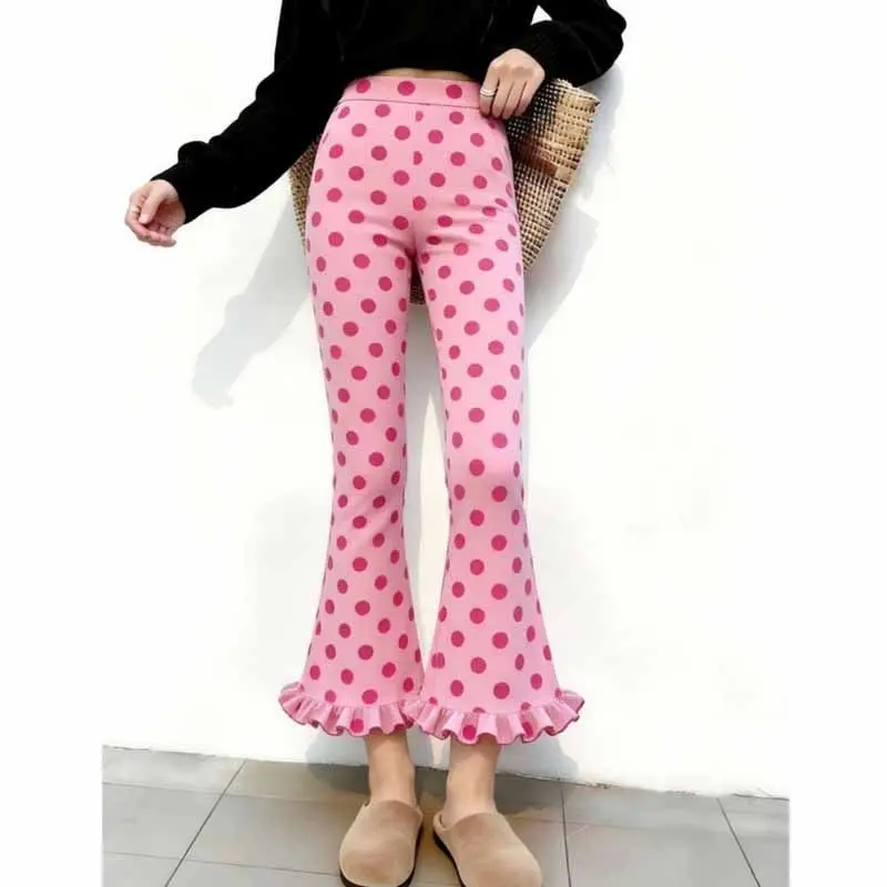 2026 summer new design sense versatile pink polka dot fungus lace nine-point micro-pull pants women