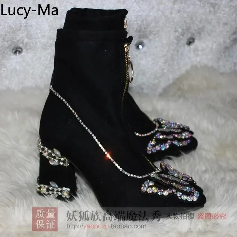 Womens Rhinestones Crystal Butterfly DIY Decor Pointy Toe Ankle Boots Block High Heels Stretchy Shoes Central Zip Black New 2024