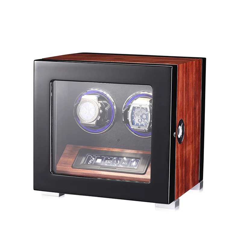 Double Wooden Watch Winder with LCD Touch Control Finger Print Lock Remote
