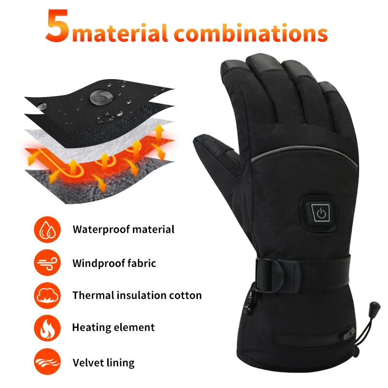 

2026Black Waterproof Touch Screen Rechargeable Heated Gloves Electric Winter Warm Skiing Riding Gloves Men and Women Universal