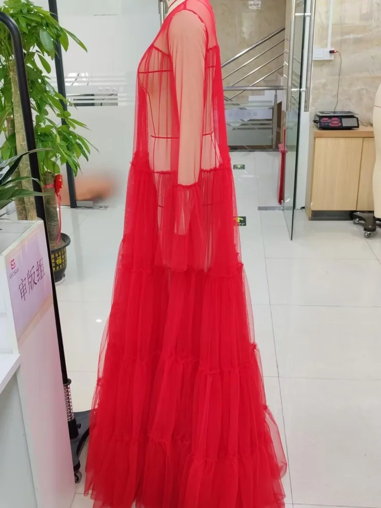 Lato 2025 nowa damska sukienka Maxi Sling Mesh z długim rękawem sukienki imprezowe typu swing plisowane ciasto Vestidos