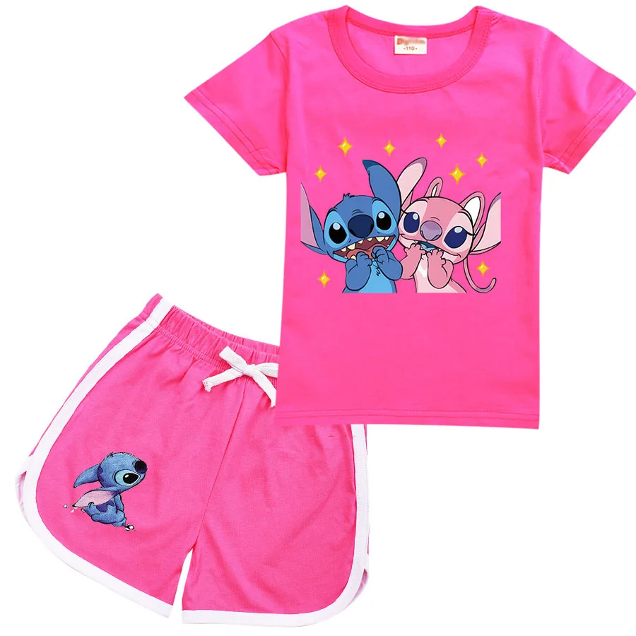 Stitch Kids T-shirt Shorts Set Anime Angel Children Sport Clothes Kawaii Summer Girl Boy Tees Pants 2pcs Pajamas Birthday Gift