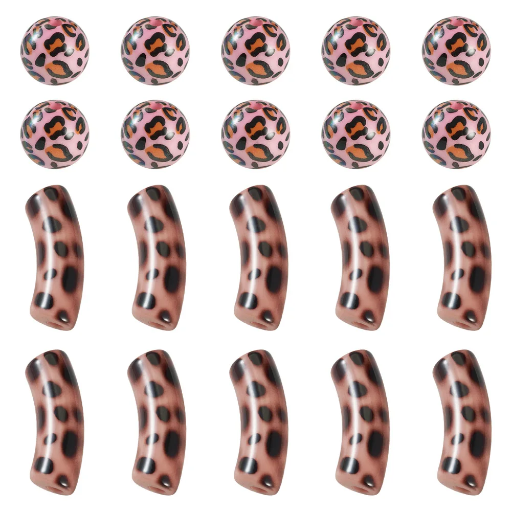 30pcs Leopard Print Beads Opaque Acrylic European Curved Tube Beads Round Loose Beads for DIY Bracelet Jewelry Making Findings