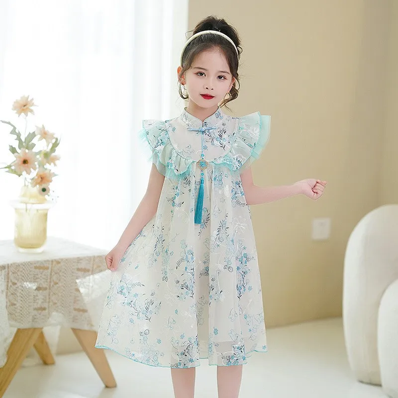 Cute Girls Chinese Embroidery Cheongsam Dresses Qipao Kids Tangsuit Children Party Wedding Dress Costume New Year Clothing Gift