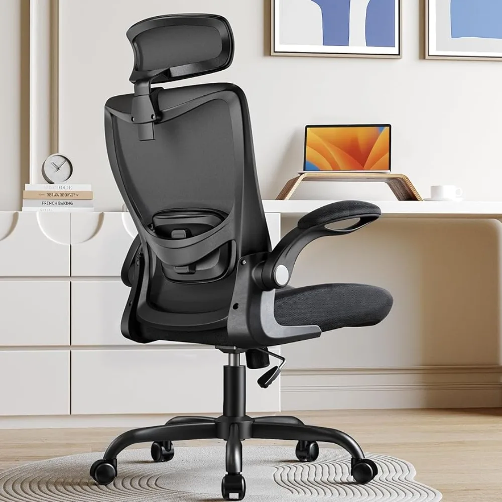 

Ergonomic office chair, mesh rotating office chair with adjustable headrest and lumbar support and flip armrest