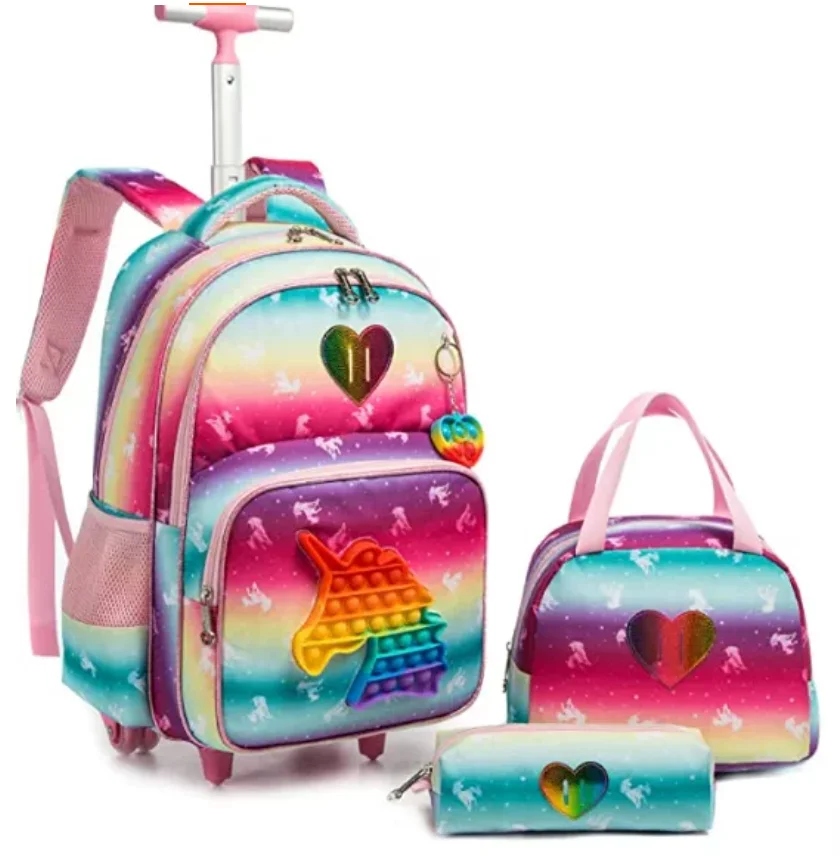 3 pcs school wheeled backpack lunch bag set schoolbag with wheels School Rolling bag for girls Rolling trolley backpack bags set