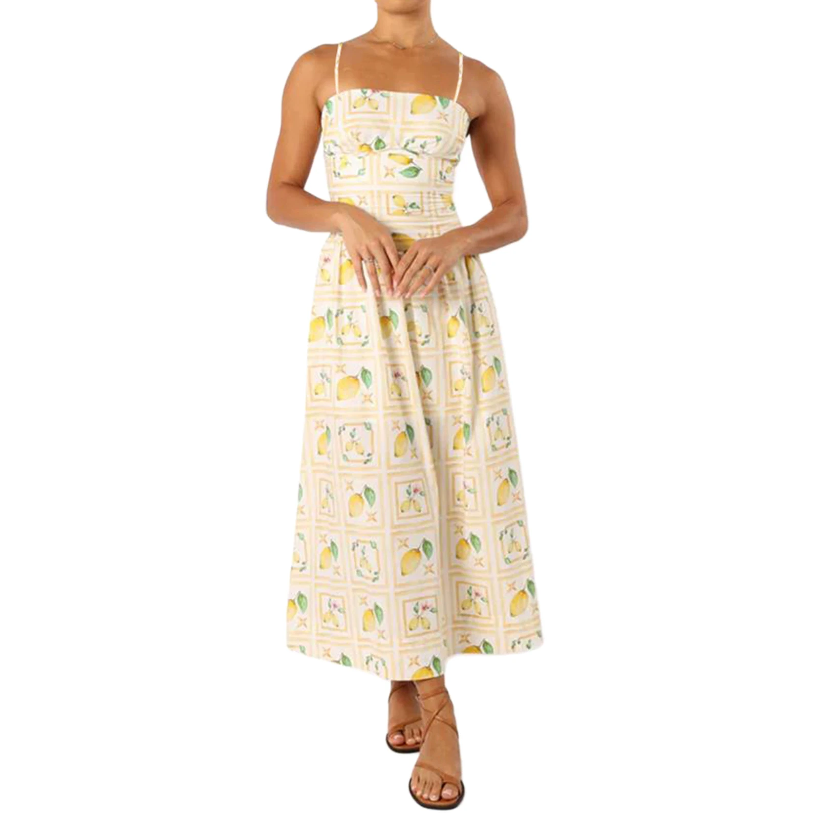 Women's Lemon Print Beach Dress Summer Sleeveless Spaghetti Strap Ruched Long Dress Female Ladies Flowy Dress