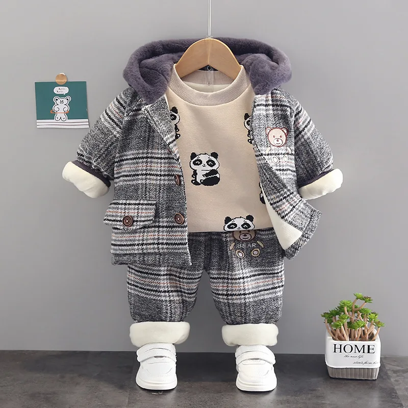 Autumn Baby Cartoon Bear Plush Long Sleeve Set Boys\' and Girls\' Hooded Sweater Pants Three Piece Simple Casual Sportswear