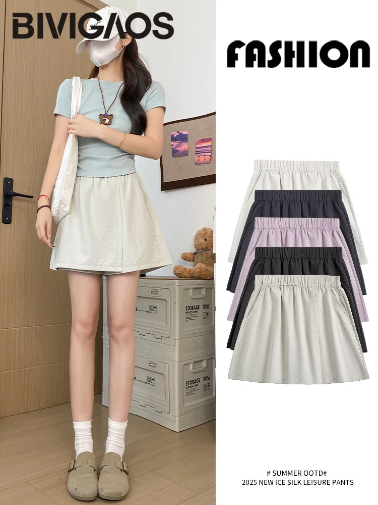 Bivigaos 2025 verão novo fino carga shorts saia feminina solta casual moda gelo seda falso duas peças esporte curto a linha saias