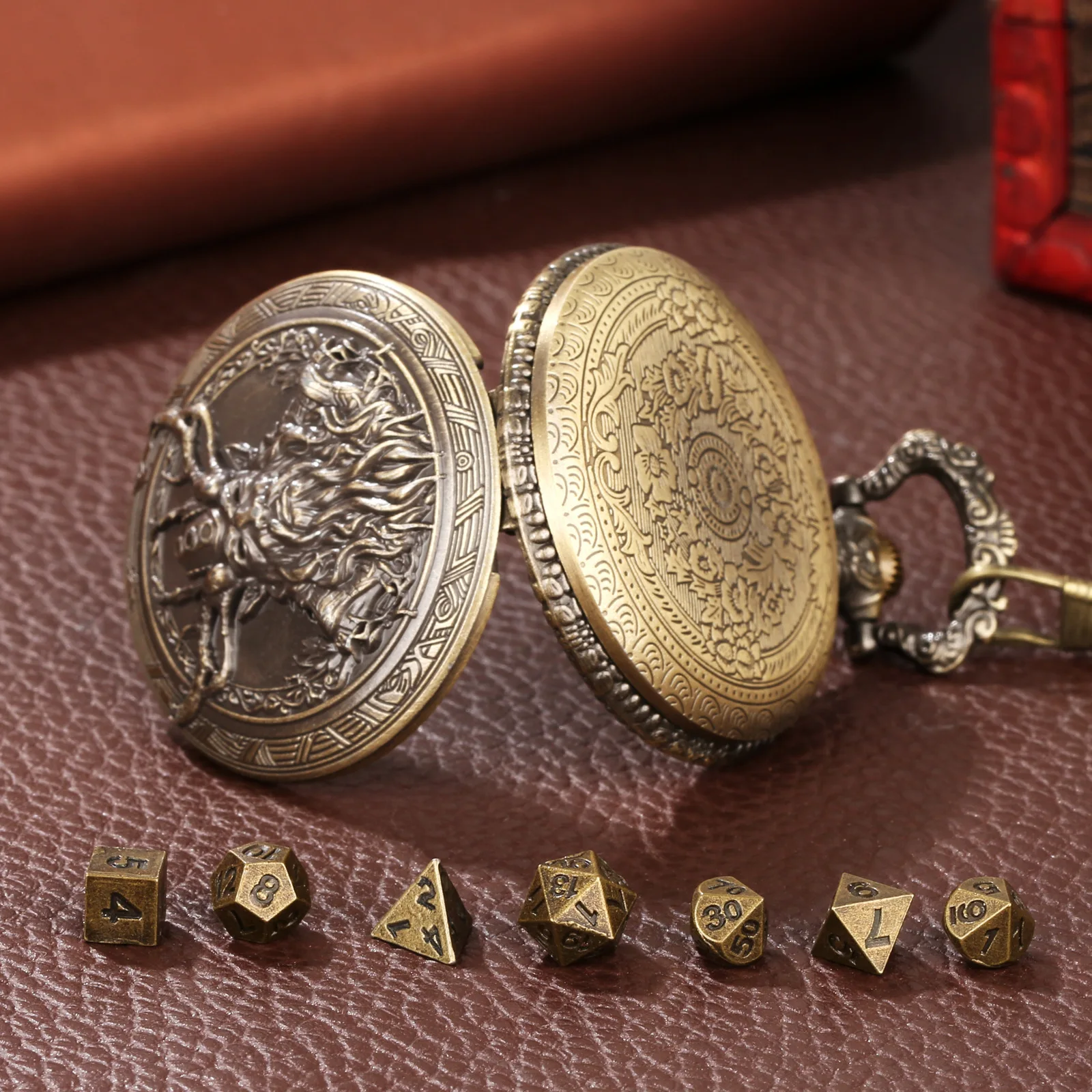 7 Piece Polyhedral Dice Set With Chain Viking Embossed Pocket Watch Case Metal Dices For RPG Tabletop Game