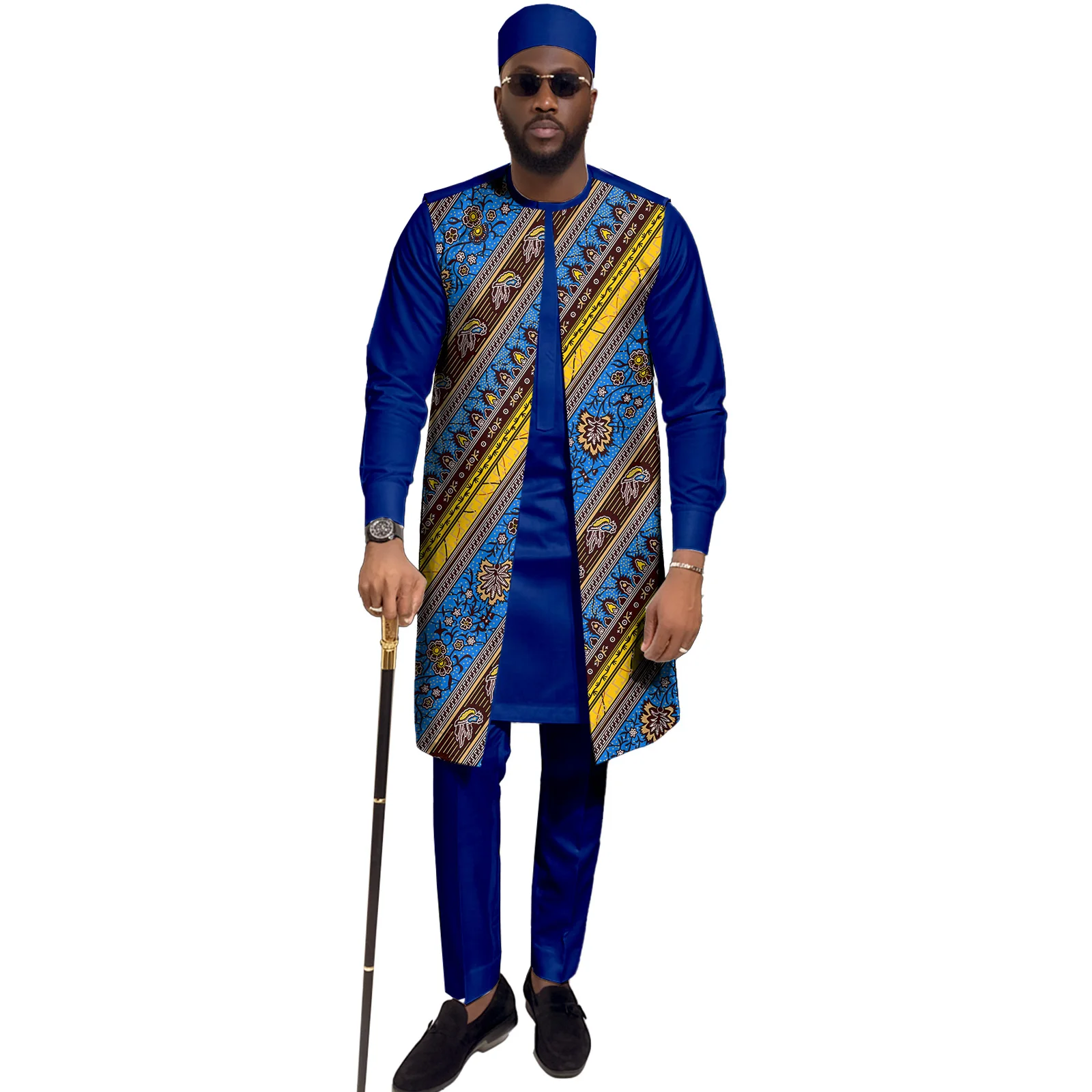 

Dashiki For Men,Triaditional African Print Suit Top Pants Hats 3 Piece Set Ankara Outfits Nigerian Attrie Clothing