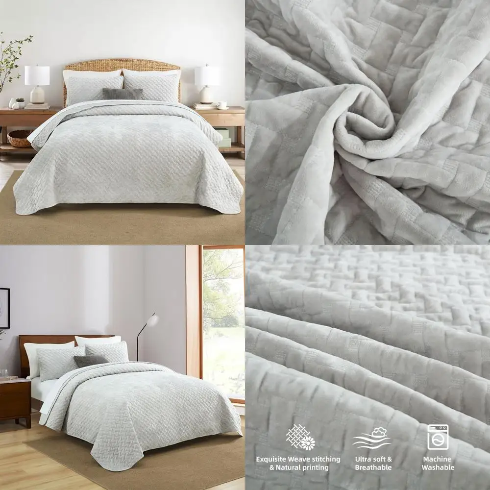 

Elegant Velvet Quilted Bedding Set, Luxurious Soft Comforter with Cotton Weave Stitching Pattern