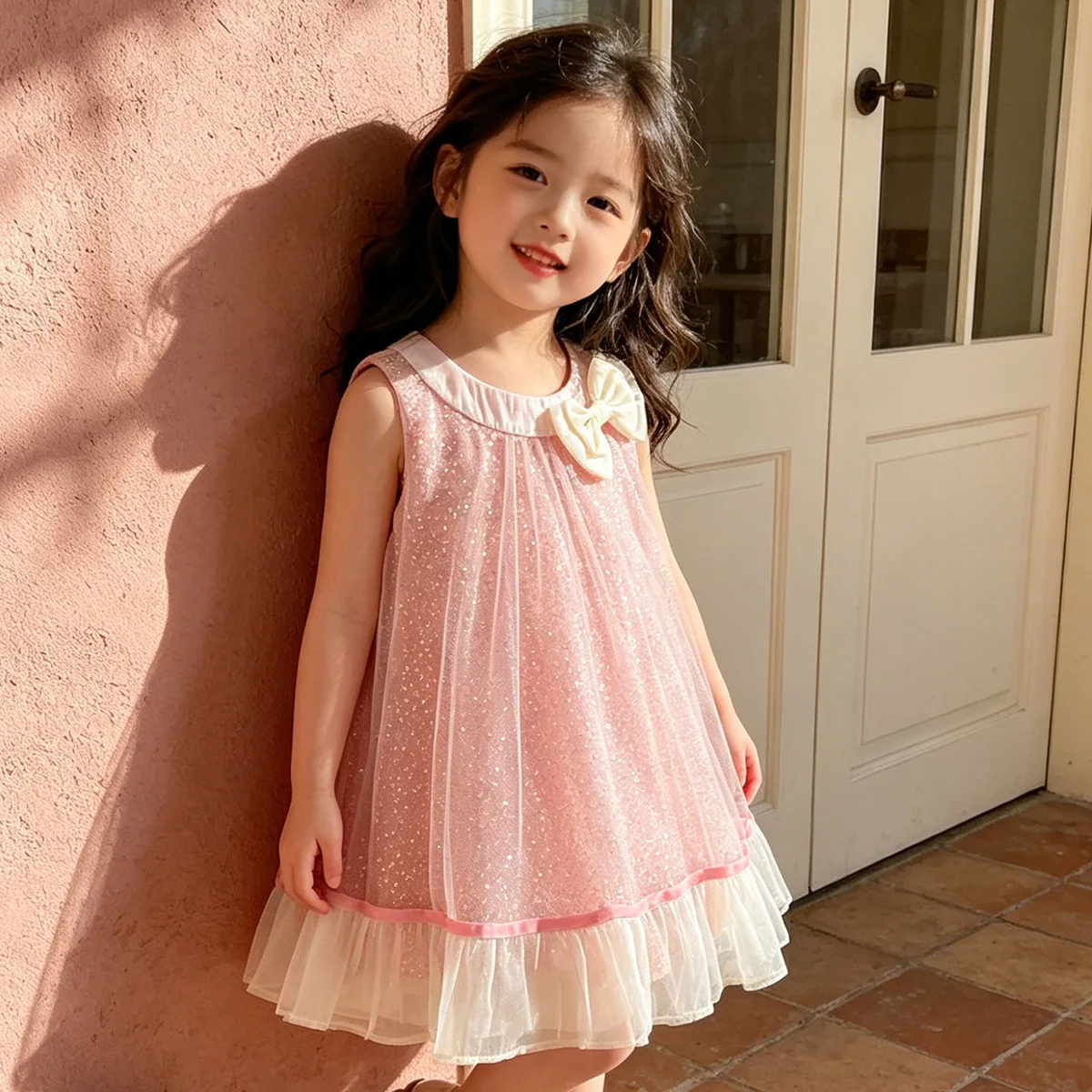 2026 Summer Fashion New Girls Sleeveless Sequin Dress Stylish and Sweet Pink Tulle Puffy Dress Baby s First Birthday Party Dress
