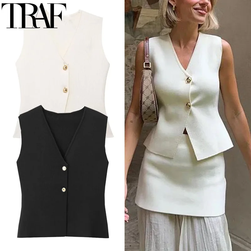 TRAF 2024 Female Vest Cropped Sleeveless Knitted Vest Woman Elegant Slim Sweater Vests For Women Knit Black Vest Short Coats