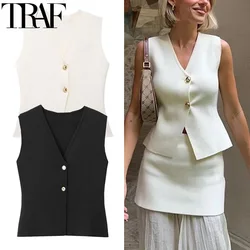 TRAF 2024 Female Vest Cropped Sleeveless Knitted Vest Woman Elegant Slim Sweater Vests For Women Knit Black Vest Short Coats