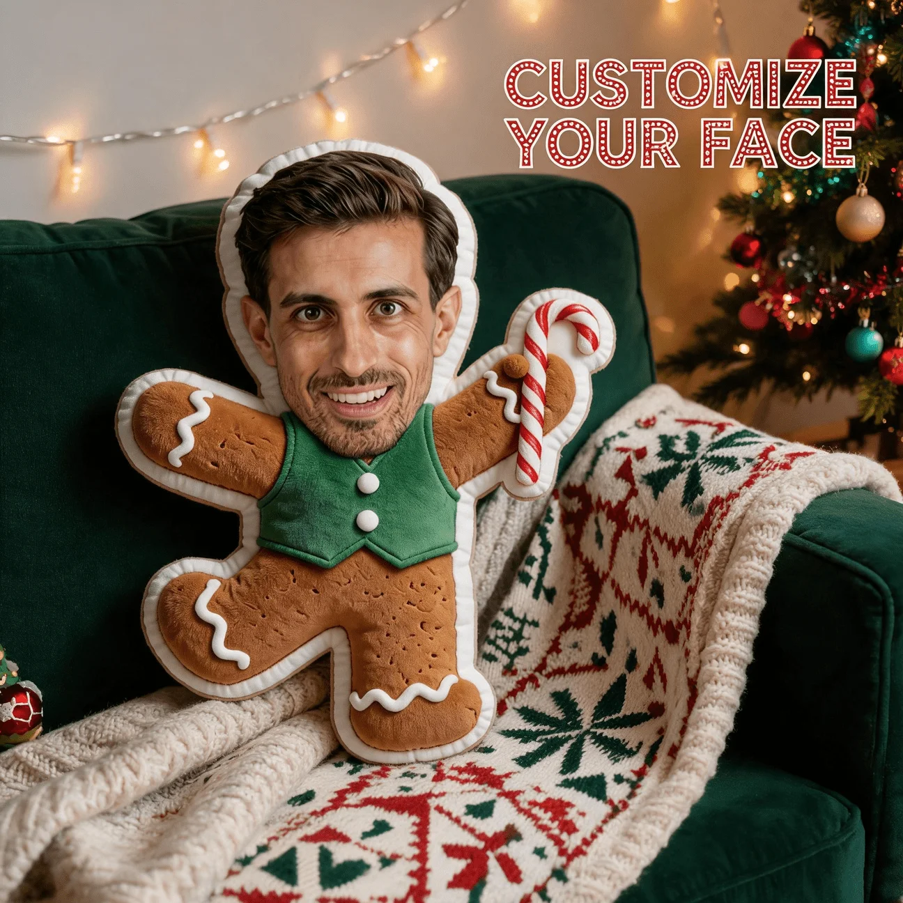 Custom Photo Gingerbread Man Shaped Pillow, Personalized Face Holiday Decorative Cushion with Candy Cane, Funny Christmas Home D