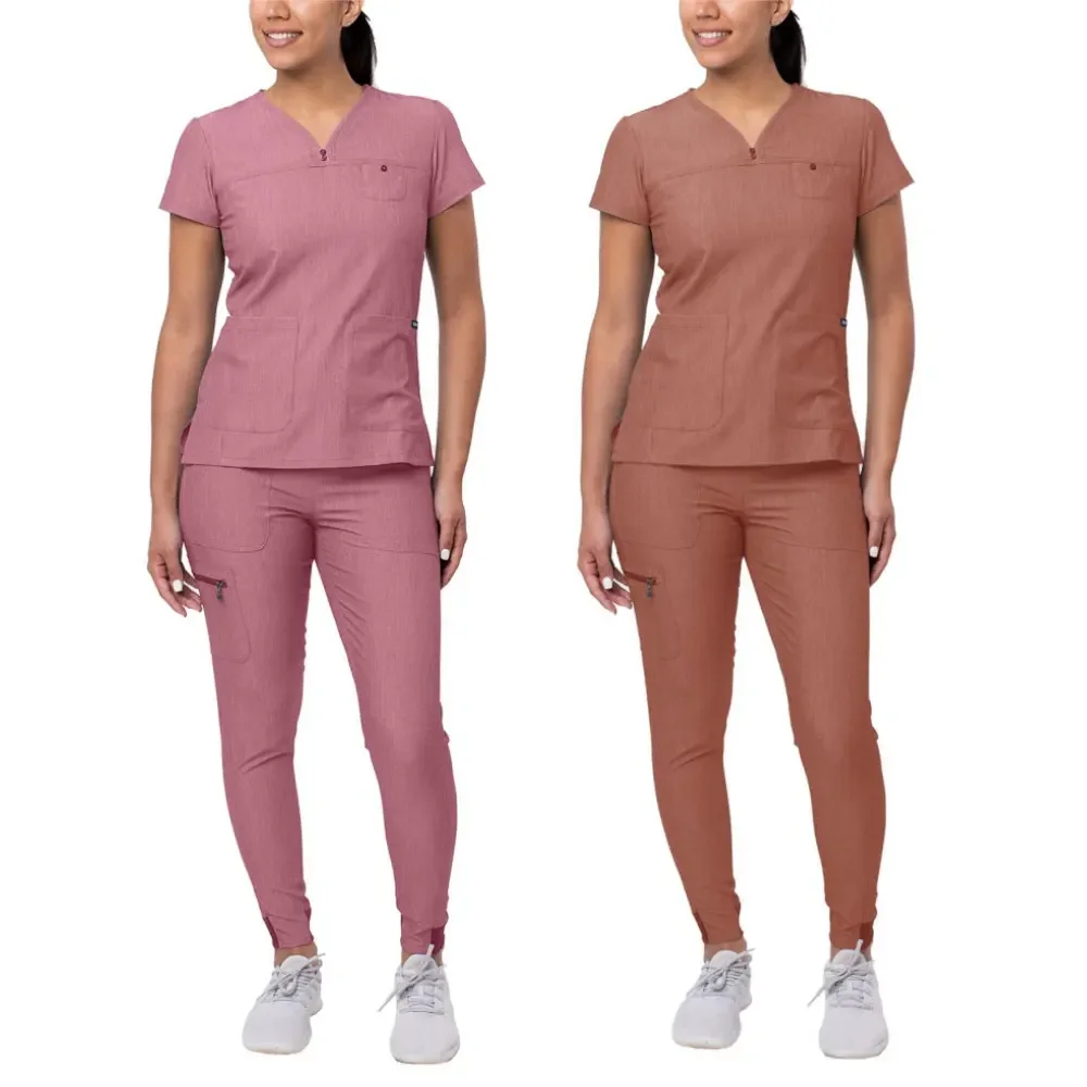 Mulheres de enfermagem médica esfrega conjunto uniforme, tops e calças com decote em v, pet grooming suit, uniforme hospitalar, alta qualidade, atacado