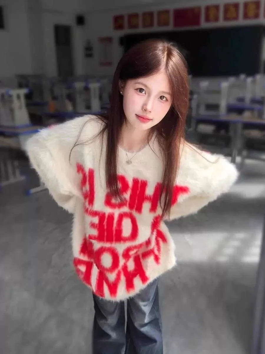 Y2k Sweet Harajuku Loose Casual Elegant Letter O Neck Sweaters 2000s Subculture Vintage Winter New Warm Tops Korean Pullovers