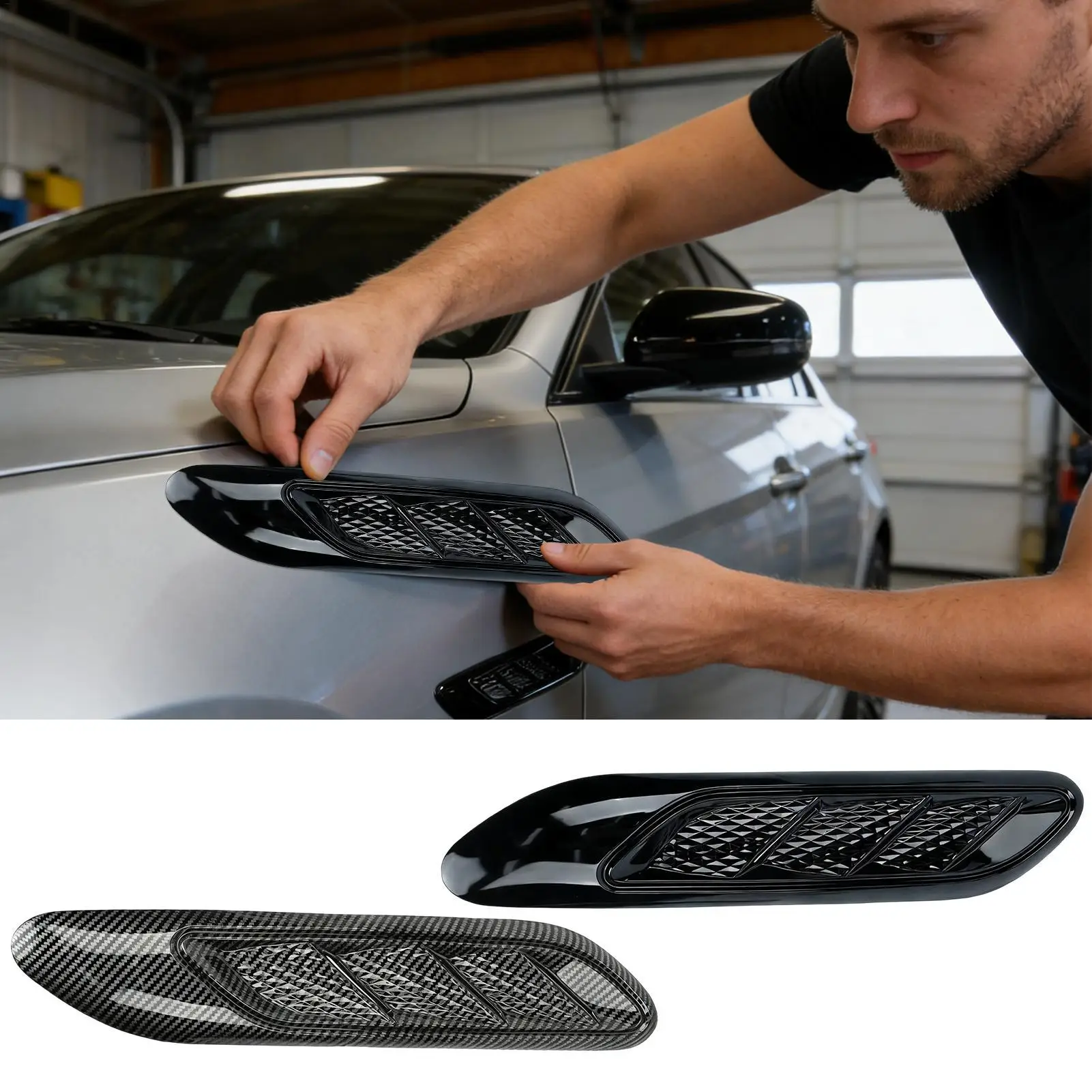 2Pcs Universal Carbon Fiber Car Decorative Cell Air Flow Intake Hood Scoop Bonnet Vent Cover Stickers Decoration Styling