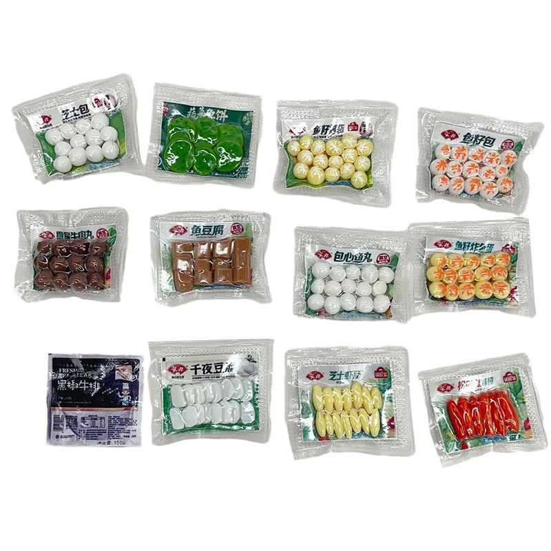 1:12 Dollhouse Miniature Hot Pot Food Simulation Hot Pot Meatballs Beef Ball Steak Fish Ball Ingredients Kitchen Model Decor Toy