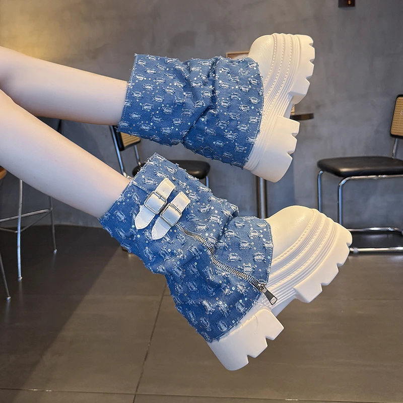 10CM Autumn Winter Chunky Short Boots Women Canvas High Heels Mid Calf Leather Sneakers Trend Buckle Motorcycle Boots Snow Shoes