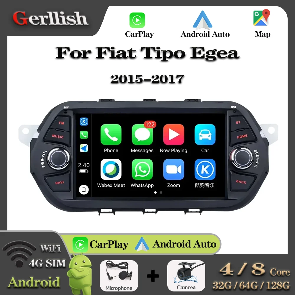 Gerllish Android Auto Car Radio GPS Navigation Multimedia Video Player 4G DSP Intelligent System for Fiat Tipo Egea 2015-2017