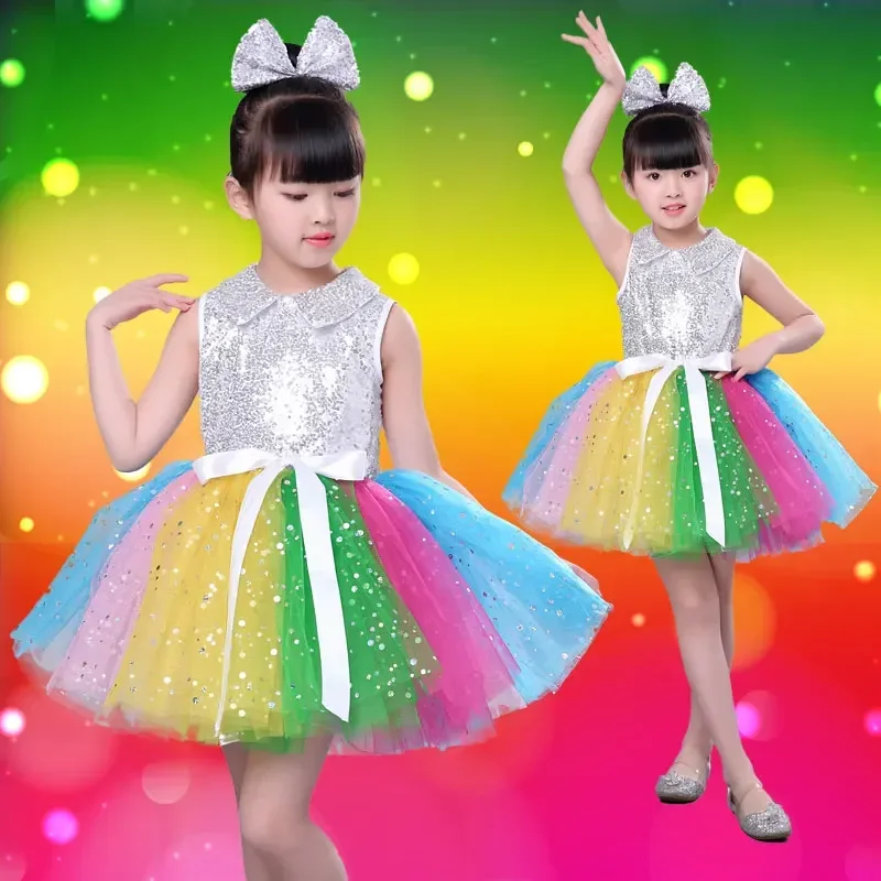 

Children Dress Party Dance Clothes Girls Clothing Infant Modern Jazz Dance Performance Costumes Sequined Veil Choral Costumes
