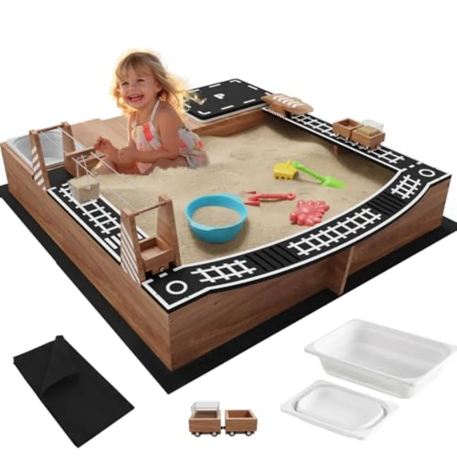 Outdoor Backyard Cedar Wood Sandbox for Kids with Sand Play Theme Brown Color Includes 2 Toy Buckets 3 Reinforced Benches Magne