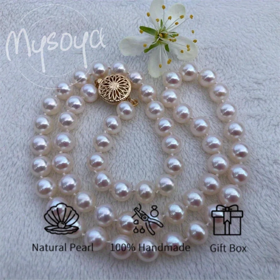 

MYSOYA 7-8mm Natural Freshwater AK Pearl Necklace Gold Sunflower Clasp With Gift Box Unisex Jewelry Birthday Wedding Gift