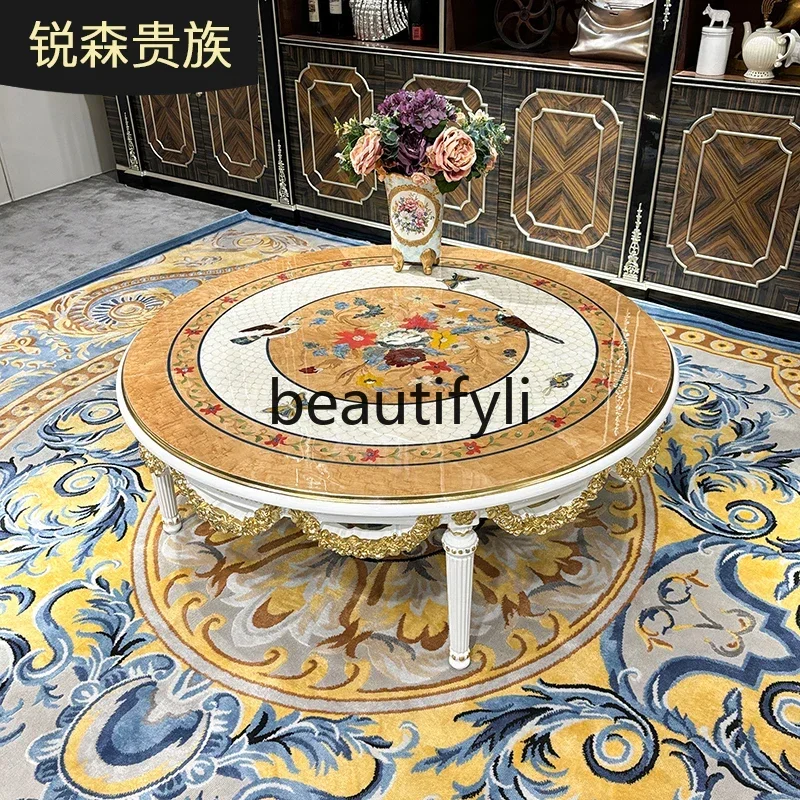 N178 French solid wood coffee table, European carved round tea table, living room shell veneer tea table6220