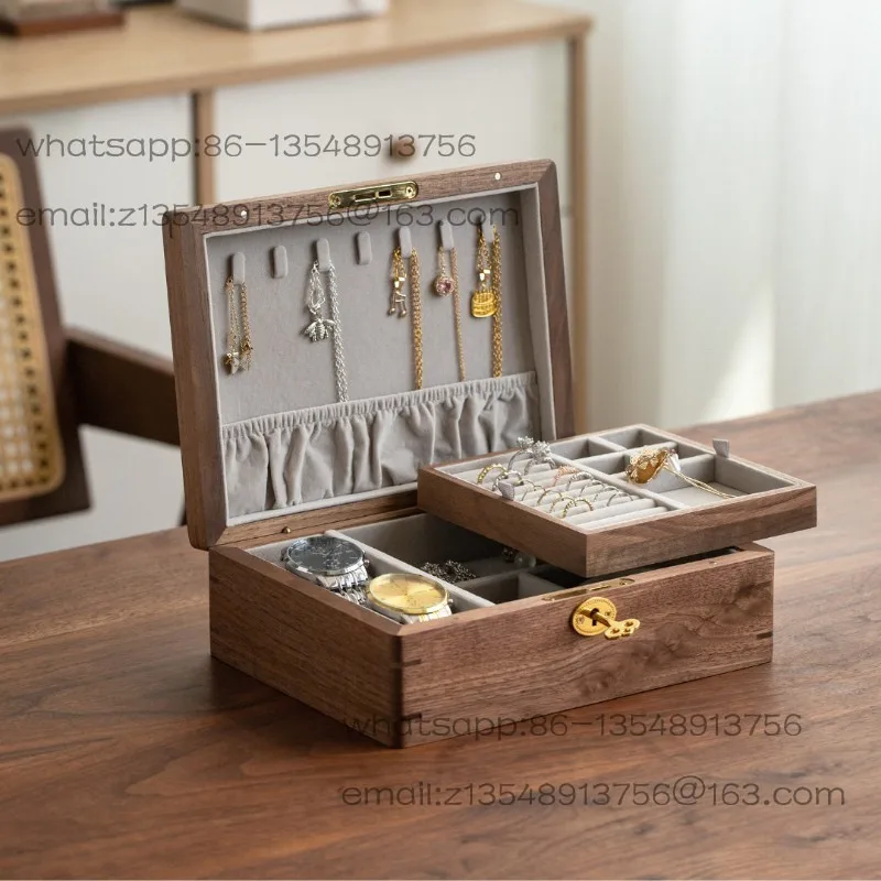 

North American Black Walnut Solid Wood Double Layer with Lock Jewelry Storage Box, Ring Necklace Earrings Bracelet Jewelry Box