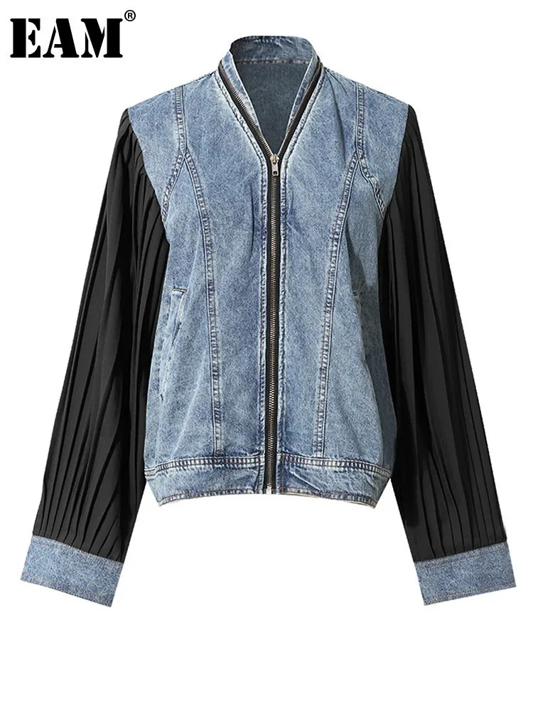 [EAM] Black Pleated Color-block Denim Jacket New Stand Collar Long Sleeve Women Coat Fashion Tide Spring Autumn 2025 7AB3764