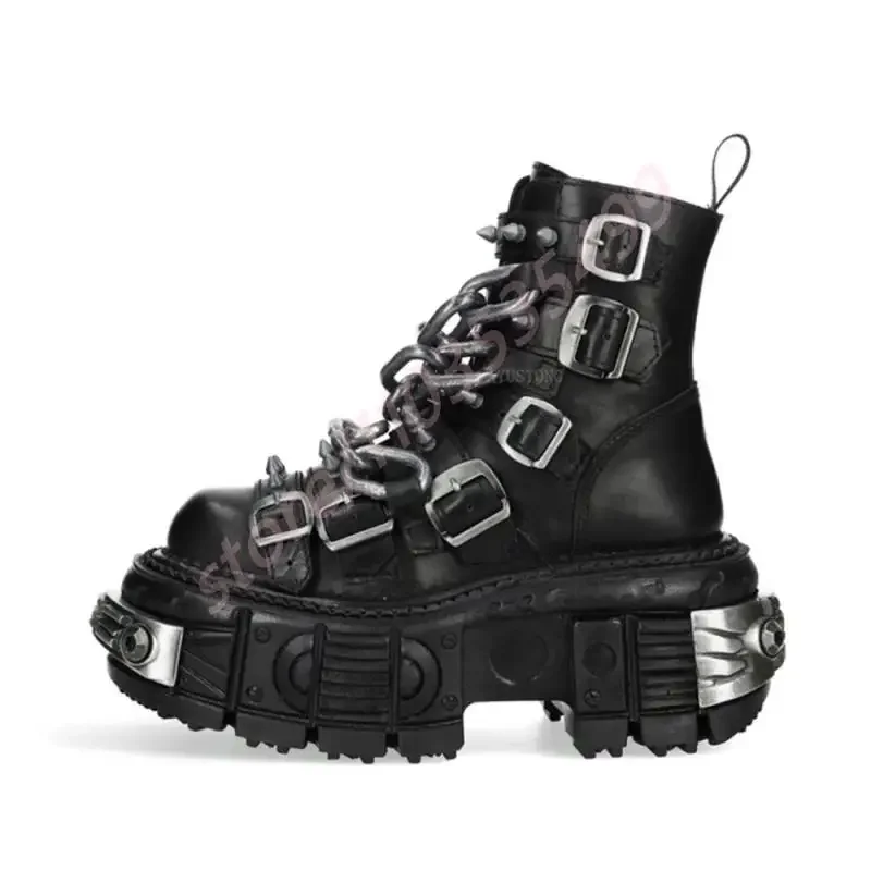 Thick Sole Punk Rivet Chain Short Boots 2025 New Street Rock Round Belt Buckle Motorcycle Boots Fashion Sports Casual Ankle Boot