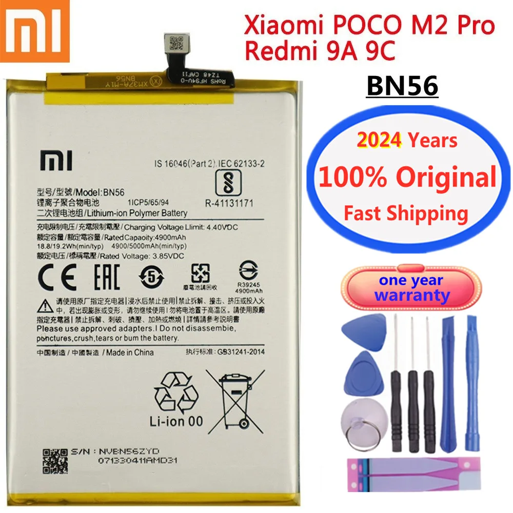 2024 Years 5000mAh BN56 Original Battery For Xiaomi Redmi 9A 9C / POCO M2 Pro M2Pro Phone Battery Bateria Fast Shipping + Tools